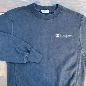 Champion Reverse Weave Men's Small Black Sweater Crewneck Blank Logo EUC